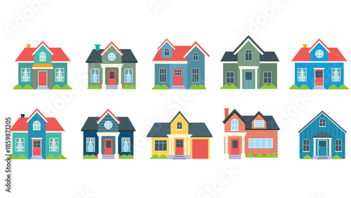Minimalist flat vector illustration set of ten colorful cute houses. Various residential cottage designs perfect for real estate, neighborhood maps, and property app UI designs