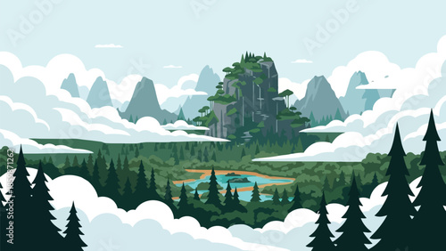 An enchanting stylized natural panorama displaying a majestic mountain adorned with numerous waterfalls, surrounded by verdant forests, serene