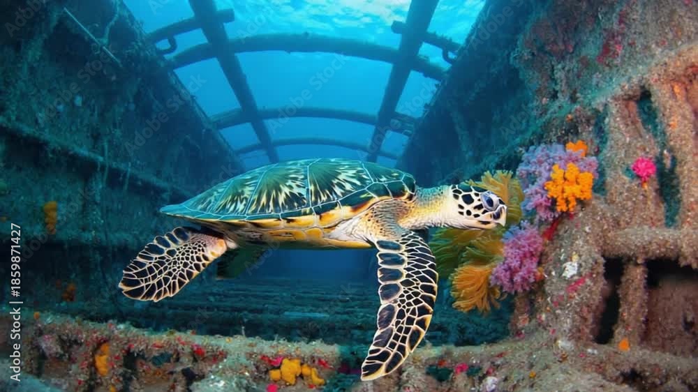 custom made wallpaper toronto digitalHawksbill sea turtle swims past colorful soft corals inside a sunken shipwreck, an underwater sanctuary.