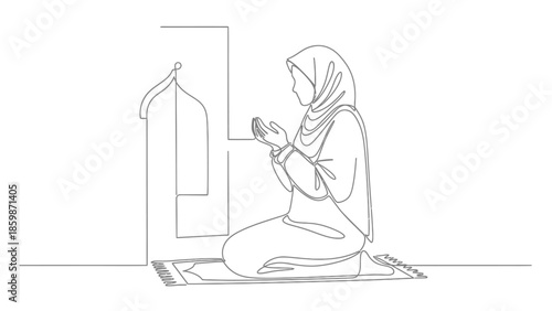 Woman praying in hijab, one line drawing, Islamic worship, mosque architecture