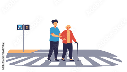 Young person helps elderly person cross street at crosswalk with walking cane