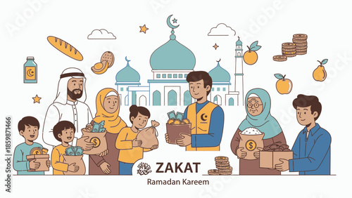 Zakat Charity: Muslim Family Receiving Food Aid Near Mosque during Ramadan