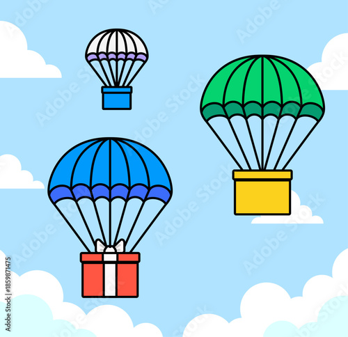 Colorful parachute gift boxes floating in sky illustration set vector