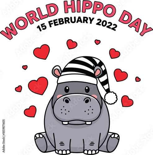 Cute cartoon hippo february 15 world hippo day celebration with hearts illustration