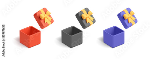 3d set of colorful open gift empty boxes with yellow bows. For holiday and gift concepts. Gifts on white background. Vector illustration.