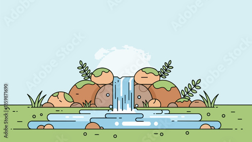 Minimalist landscape art featuring a serene waterfall, calm pond, smooth rocks, and subtle greenery