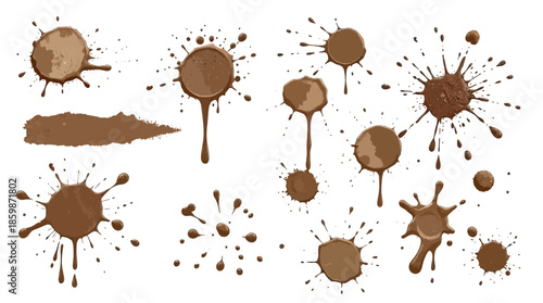 Vector illustration of a dirty coffee stains set featuring grunge black ink splatters, paint drops, and liquid chocolate blots as a decorative texture element