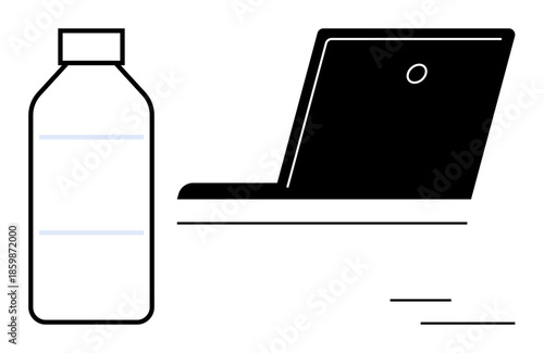 Office productivity, minimalism, ergonomics, work-life balance, remote work, hydration. A laptop and water bottle in a simplistic style. Office productivity and minimalism concepts