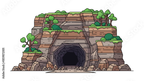 Illustrated entrance to a mysterious subterranean passage nestled within a layered natural rock formation adorned with vibrant green foliage and