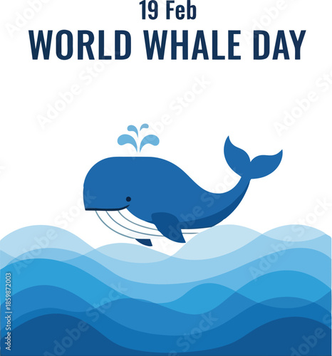 World whale day february 19th vector: blue whale in ocean waves conservation art