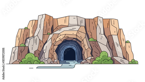 A stylized illustration of a mountain cave entrance, featuring flowing water and surrounding vibrant green bushes, rendered in a clean, inviting