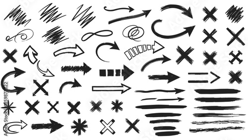 Hand drawn collection of black doodle arrow vectors and sketch pointer icons set as a grunge design element for direction sign illustrations