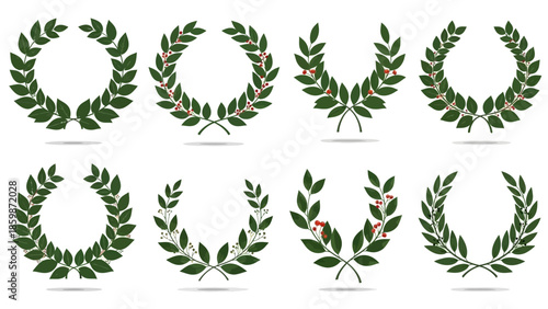 A set of gold laurel wreath vector illustrations featuring olive leaf branches and floral patterns for winner awards, nature symbols, and trophy medal decorations in a circular frame design