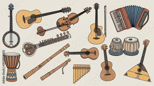 A creative vector illustration set of musical instruments featuring a collection of acoustic guitar, piano, drum, trumpet, and violin icons designed for jazz and rock concert art