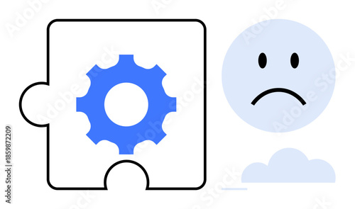 Problem-solving concept. Gear puzzle piece and sad face challenges, emotional impact, and solutions. Problem-solving in mental health, teamwork, personal growth, innovation