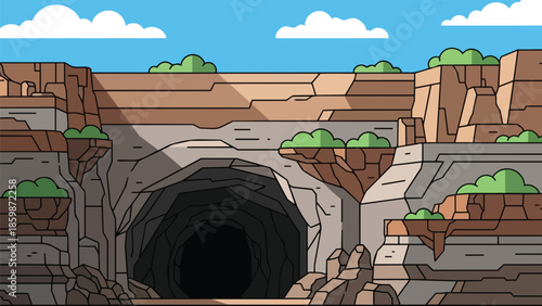 Animated canyon landscape with a mysterious dark cave, rugged rock formations, and sparse greenery.