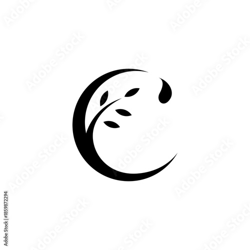 crescent moon logo with leaf branches and drops in flat vector design style