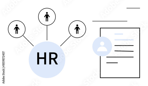 Recruitment, networking, employment, human resources, teamwork, staff management. HR circle connected to people icons and a document. Recruitment and networking concept