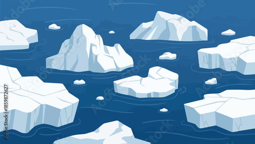 A captivating artistic illustration showcasing numerous pristine white icebergs majestically floating across a vast expanse of deep blue polar ocean