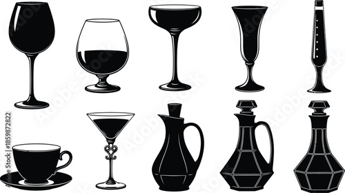 Collection of various wine and coffee glasses and bottles