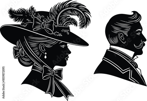Vintage black and white silhouette of a man and woman