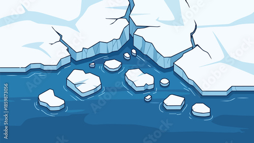 Vibrant cartoon depiction of arctic ice floes, fractured and drifting in deep blue ocean waters, illustrating environmental change