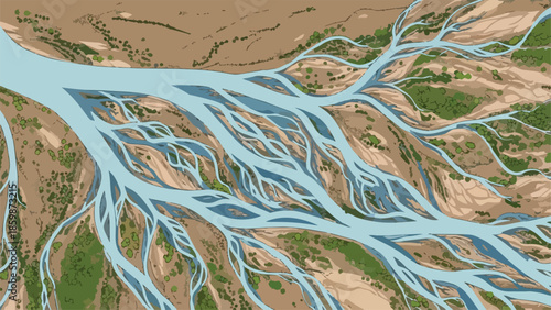 Aerial view of a complex braided river system flowing through diverse terrestrial formations