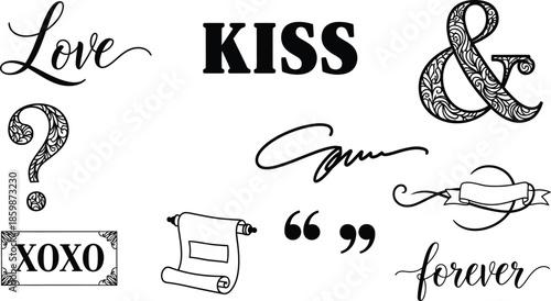 Romantic kiss and love symbols illustration