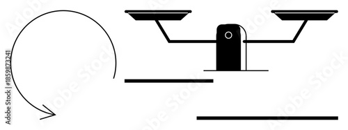 Legal systems, fairness, decision-making, equality, repetitive process, recycling. A balance scale with a circular arrow. Legal systems and fairness concepts with a circular element