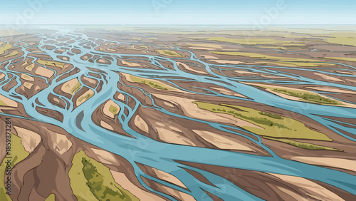 Expansive aerial illustration of a complex braided river delta flowing through a vast, earthy landscape under a serene blue sky depicting a vital
