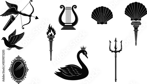 Collection of mythological and musical symbols in black and white