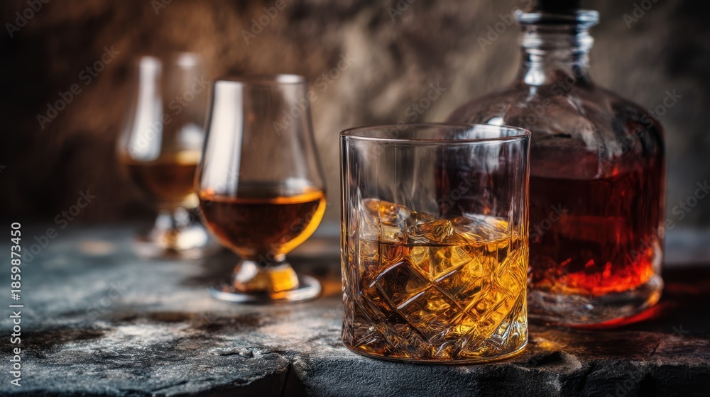 Fototapeta premium Whiskey is poured into a glass with ice cubes. There are additional glasses and a bottle on a dark stone surface. A warm light highlights the scene.