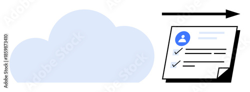Large cloud, document with user profile, completed tasks, and black arrow indicating data transfer. Ideal for file sharing, cloud storage, data exchange, remote access, networking digital security