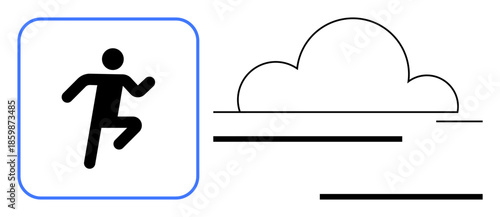 Person running in motion within a square outline and a simple cloud backdrop. Ideal for fitness, speed, progress, freedom, agility, action, and goals. Minimalist simple flat metaphor