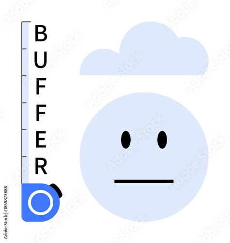 Emotion tracking, stress management, mood monitoring, mental health care, psychological balance, data analysis. A neutral face with a cloud and a buffer gauge. Emotion tracking and stress management