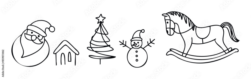 Fototapeta premium A collection of simple black outline drawings featuring festive winter and holiday characters like Santa Claus and a snowman, along with a Christmas tree, a house, and a classic rocking