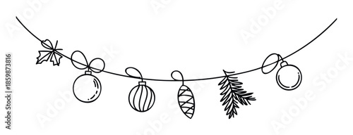 Stylized black outline of a festive winter garland featuring Christmas ornaments, holly, pinecone, and fir branch, suitable for holiday stationery, invitations, or seasonal decor.