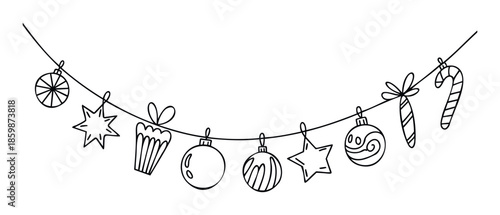 Festive holiday garland with doodle Christmas ornaments like balls, stars, and candy cane perfect for winter celebration designs and seasonal greetings