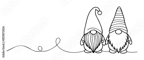 Simple line drawing of two cute gnomes with hats and beards connected by a continuous flowing stroke, perfect for Christmas season greetings, holiday decorations, or childrens craft