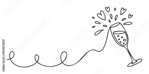 A flowing single line drawing of a champagne flute with bubbling hearts and droplets spilling out, symbolizing joy and romance, perfect for invitations or event decorations.