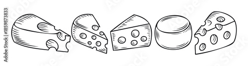 Delightful collection of various cheese forms including classic wedges and round blocks with characteristic holes perfect for culinary graphics food packaging restaurant menus or dairy