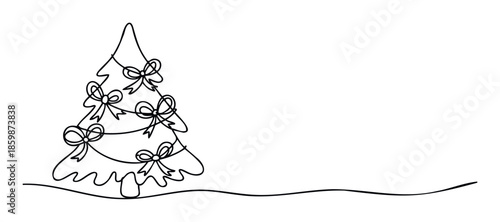 Continuous line drawing of a festive Christmas tree adorned with bows and garland, suitable for holiday promotions, winter event invitations, or seasonal marketing campaigns.