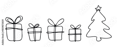 Simple black continuous line drawings of various wrapped gift boxes and a festive Christmas tree for holiday season celebrations and event promotions.