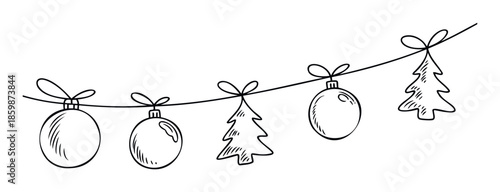 Simple hand drawn Christmas garland featuring festive ornaments and evergreen trees perfect for holiday greetings, winter season promotions, or event invitations