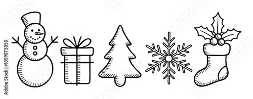 Collection of hand drawn winter holiday icons including snowman gift Christmas tree snowflake and stocking perfect for seasonal greetings festive promotions and digital media decorations
