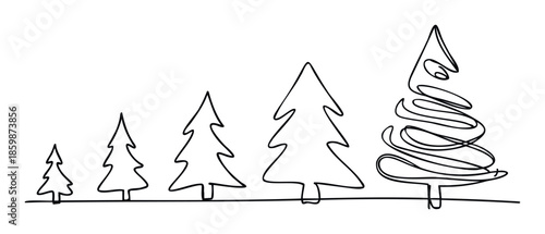 A collection of simple outline drawn fir trees growing in size with a final decorative continuous line Christmas tree perfect for holiday greetings and festive seasonal promotions