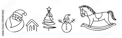 A collection of simple black outline drawings featuring festive winter and holiday characters like Santa Claus and a snowman, along with a Christmas tree, a house, and a classic rocking