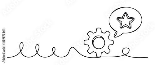 Continuous line drawing illustrating a process from initial thoughts to a refined gear and an outstanding star idea in a speech bubble perfect for business concepts
