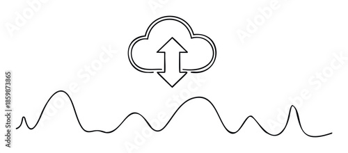 Cloud computing icon illustrating data transfer and network activity with a fluctuating line graph for technology, business, and digital service presentations