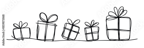 Monoline drawing of various sized present boxes with ribbons and bows arranged in a festive row perfect for special occasion invitations, seasonal promotions, and greeting cards for joyful